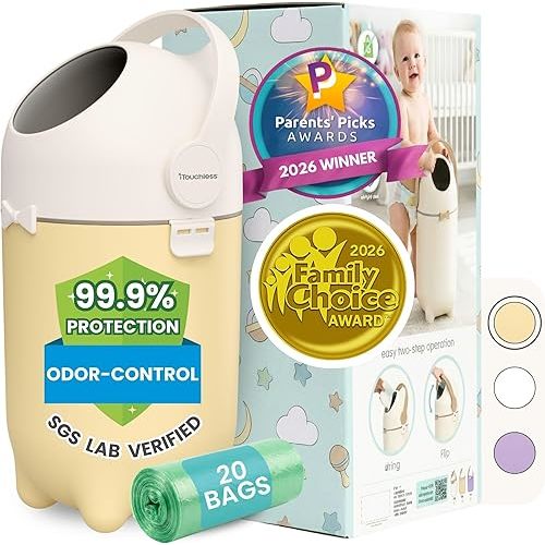 iTouchless Odor-Locking Diaper Pail - 2026 Award-Winning Ag+ Silver Ion Nursery Bin - Fits Any Bag, No Refills Needed - Includes 20 Leak-Proof Bags (Holds 300 Diapers) - Sand Almond Versatile Bin