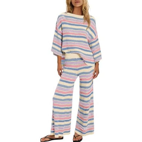 ReachMe Womens Oversized Striped 2 Piece Sets Sweater and Wide Leg Pants with Pockets Pajama Lounge Sets Casual Outfits