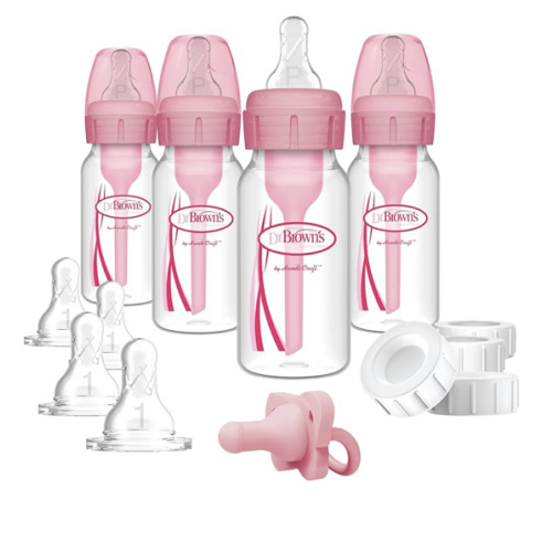 Dr. Brown's Anti-Colic Baby Feeding Set with Slow Flow Nipples, Travel Caps, Silicone Pacifier - Pink