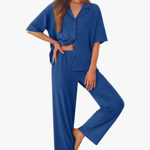 Ekouaer Women Pajamas Set Button Down Sleepwear Short Sleeve Pjs Soft Comfy Nightwear with Long Pants S-XXL