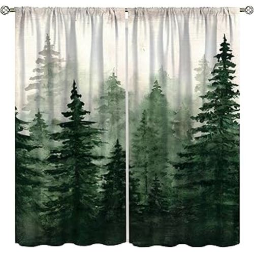 Forest Curtains for Kitchen,Vintage Rustic Watercolor Green Misty Nature Forest Tree Tree Landscape Plant for Kitchen Kids Boys Girls Living Room Bathroom 42x45in（No Blackout）