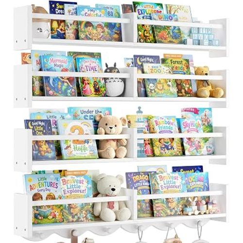 34Inch Nursery Floating bookshelf Coat Rack with 6 Hooks, Set of 4 White