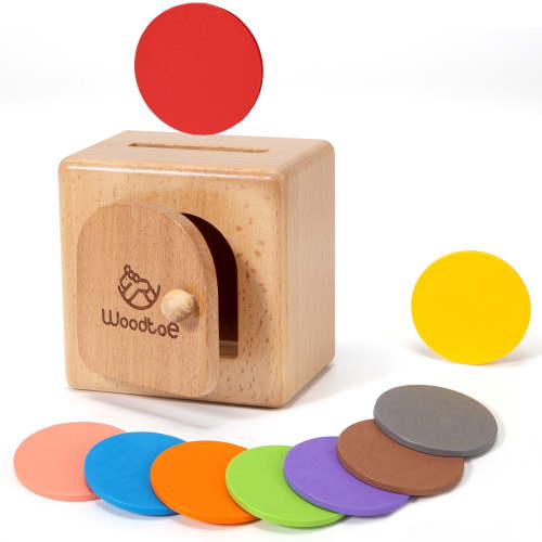 Woodtoe Montessori Coin Box for Toddlers, Montessori Toys for Babies 18+ Months, Natural Wood Object Permanence Toy for Baby, Toddler Educational Fine Motor Skills Toys for Boys Girls