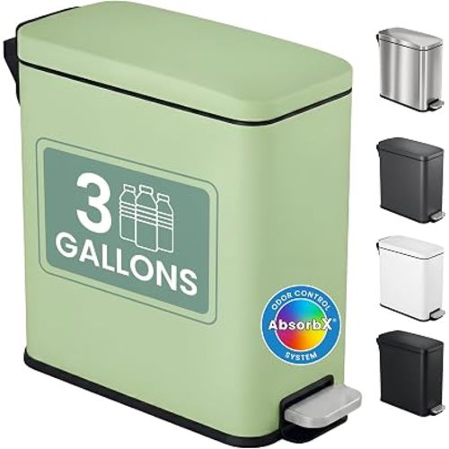 iTouchless 3 Gallon Small Wastebasket for Bathroom with Lid, Deodorizer, Soft-Step Stainless Steel Slim Garbage Bin, 12 L Pastel Green Small Trash Can, Step Pedal Retro Soft-Toned Decor for Restroom