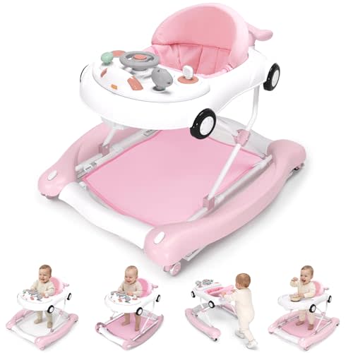 5-in-1 Convertible Baby Walker with Steering Wheel Music Activity Center – Infant Rocker, Jumper, Push Walker, Bouncer & Feeding Foldable Walker for Ages 6-18 Months Boys Girls (Pink)