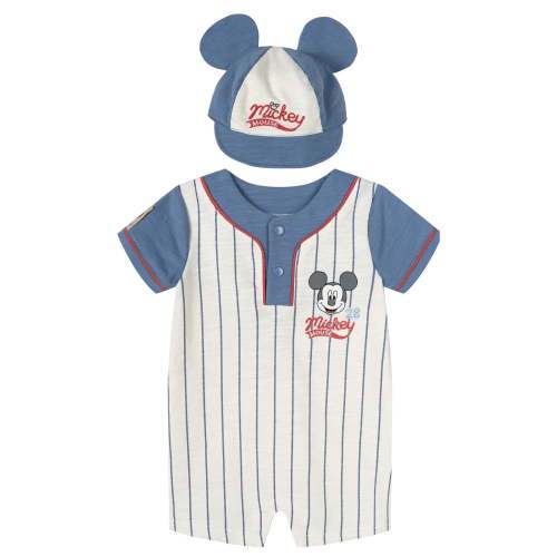 Disney Mickey Mouse Baby Boys' 2-Piece Baseball Romper and Hat Set Tusk and Blue Mickey Mouse