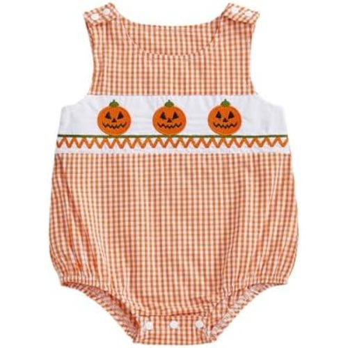 Ayalinggo Baby Boy Girl Pumpkin Patch Outfits Newborn Plaid Smocked Bubble Romper Halloween Outfit Infant Thanksgivng Clothes