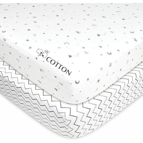 American Baby Company 2 Pack 100% Natural Cotton Fitted Crib Sheets 52" x 28" - Soft, Breathable, Hypoallergenic & Gentle Toddler Bed Sheets, Grey Stars and Zig Zag, Neutral for Boys & Girls