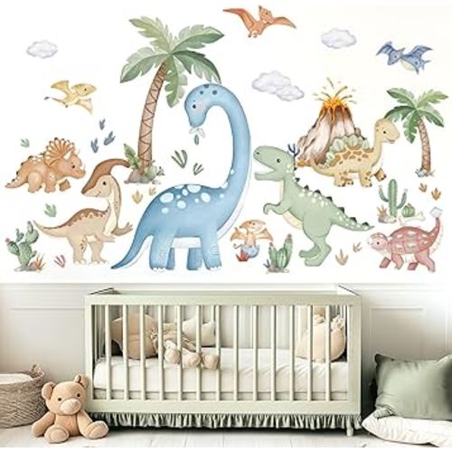 wondever Large Boho Dinosaur Wall Stickers Watercolor Dino Tropical Plants Volcano Peel and Stick Wall Art Decals for Baby Nursery Kids Bedroom Playroom