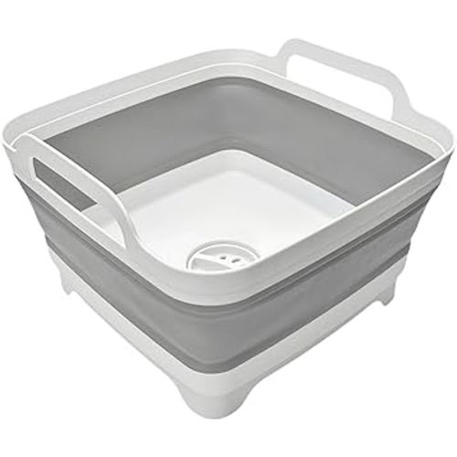 Collapsible Wash Basin 9L, Foldable Dish Tub with Drain Plug, Portable Collapsible Dish Basin, Camping Sink for Washing Dishes, Laundry & Kitchen Use,Gray