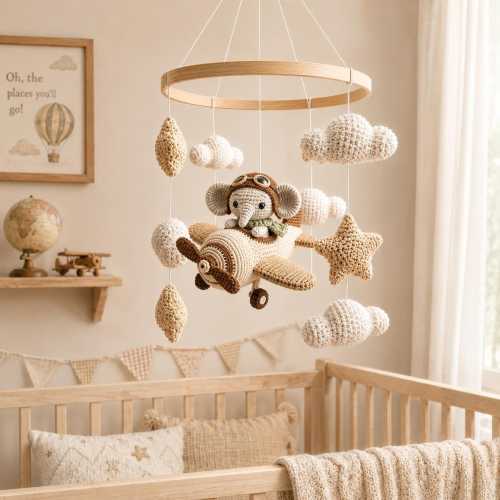 Crochet Baby Mobile, Airplane Nursery Crib Mobile, Teddy Bear Pilot Cloud Star Decor, Neutral Baby Shower Gift