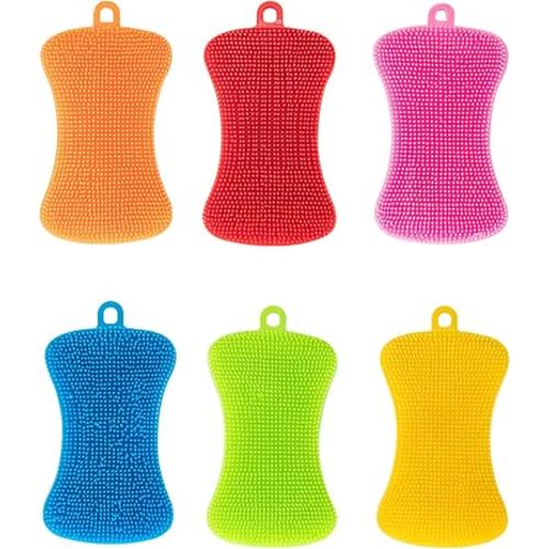 Silicone Sponge Baby Bottle Washing Scrubber, 6 Pack Reusable Sponges Double-Sided Multipurpose Non Stick Silicone Dish Sponges for Baby Bottles（Multicolor）