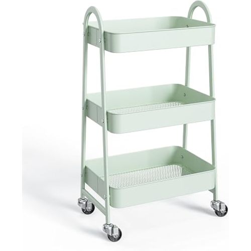 3-Tier Metal Rolling Utility Cart, Small Rolling Cart Kitchen Trolley Bathroom Laundry Room Bar Office Shelves Storage Organizer Shelving Unit with Caster Wheels for Narrow Places, Green