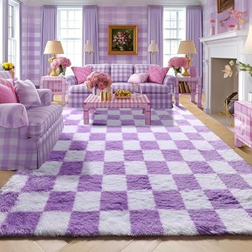 KICMOR Purple Rugs for Bedroom Living Room, Fluffy Soft Checkered 4x6 Area Rug Fuzzy Shag Shaggy Carpet, Indoor Plush Bedside Floor Rugs for Kids Girls Boys Teen Dorm Nursery Home Decor Aesthetic