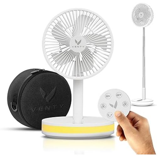 VENTY Portable Fan - Wireless Battery Operated Fan - 4 Speeds - LED Lighting - Carry Case & Remote Control - Cruise Travel - Outdoor Travel RV Power Bank With USB-C Port (White with Case)