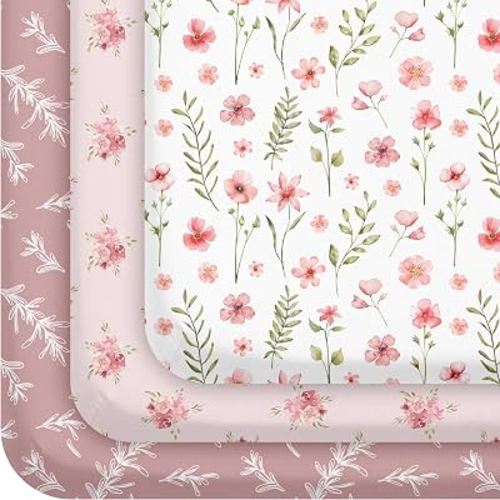 Civarua Kids Pack and Play Mattress Sheets Fitted, 3 Pack Mini Crib Sheets | Stretchy Playard playpen Sheet, Compatible with Graco Pack N Play Mattress, Soft and Breathable Material, Pink Floral
