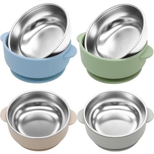 4 Pack Stainless Steel Baby Bowls with Suction 2-in-1