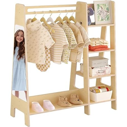 Kids Dress Up Storage with Mirror, Kids Closet with 5 Hanger and Stickers, Opening Hanging Costume Closet Wardrobe for Boys and Girls