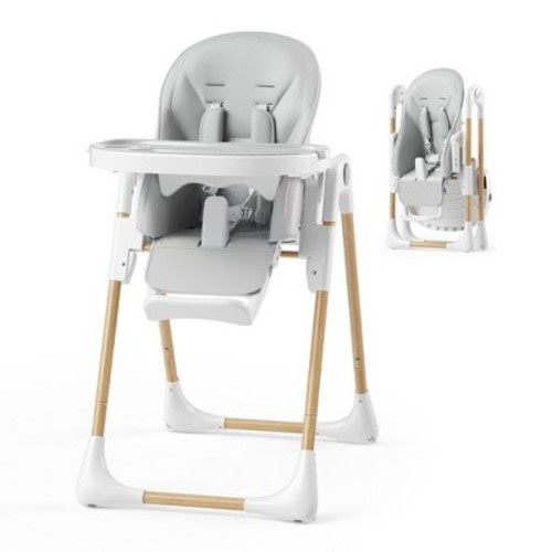 TODECARE Foldable High Chair with Soft Cushion, Height Adjustable Toddler Eating Chair with Detachable Double Trays Wood Grain, Light Gray