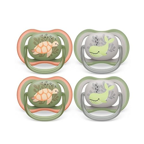 Philips Avent Ultra Air Pacifier - 4 x Light, Breathable Baby Pacifiers for Babies Aged 6-18 Months, BPA Free with Sterilizer Carry Case, SCF085/53 - Cargo green / Silk beige with design - 6-18m