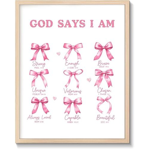 C8BUSIS Pink Bow Wall Decor Gift for Teen Girl God Says I Am Inspirational Scripture Bible Verse Canvas Wall Art for Nursery Girls Room Bedroom Office Home Christian Poster Prints Framed 8 x 10 Inches