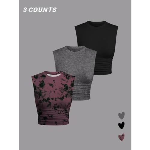 Women's Solid/Tie Dye Print Round Neck Tank Top, Casual Sleeveless - TikTok Shop