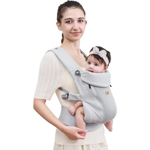 CUBY Newborn Baby Carrier with Head Support and Sunshield, Breathable & Adjustable Newborn Toddler Front Baby Carriers, Hands-Free Newborn Carrier up to 40lbs(Light Grey)