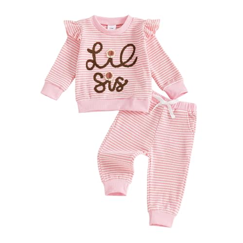 MAINESAKA Big Sister Little Sister Matching Outfits Waffle Knit Baby Girl Clotnes Striped Tops And Pants Set Fall Clothes
