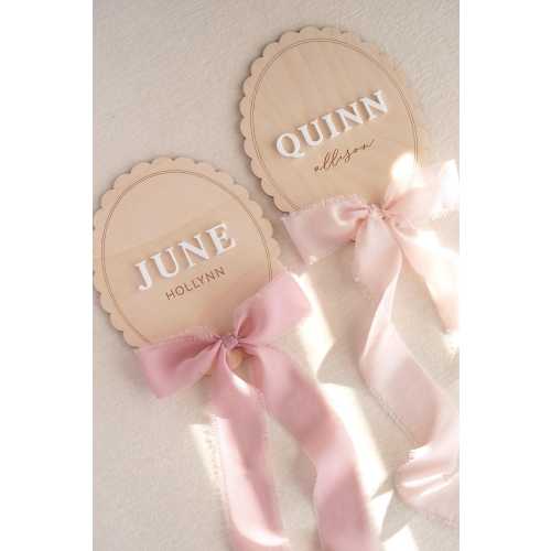 Newborn Baby Announcement Sign: Wooden Scalloped Hospital Keepsake with Bow for Baby Girl