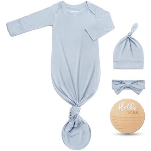 Hello World Newborn Outfit Knotted Gown 0-3 Months, Baby Girl Boy Coming Home Sleeper with Sign