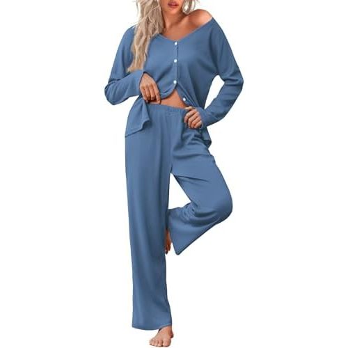 Ekouaer Womens Waffle Knit Pajamas Long Sleeve Lounge Set Button Up Pjs Loungewear with Pockets