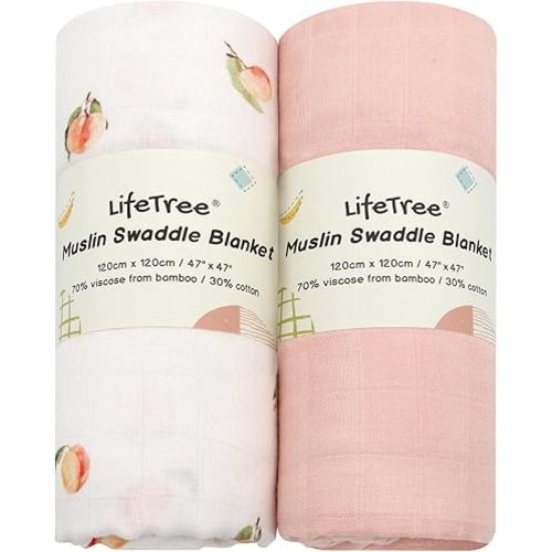 LifeTree Baby Swaddle Blankets, Boys Girls Muslin Swaddling Wrap Receiving Blanket for Newborn, 70% Viscose from Bamboo and 30% Cotton, Large 47" x 47", Peach and Pink