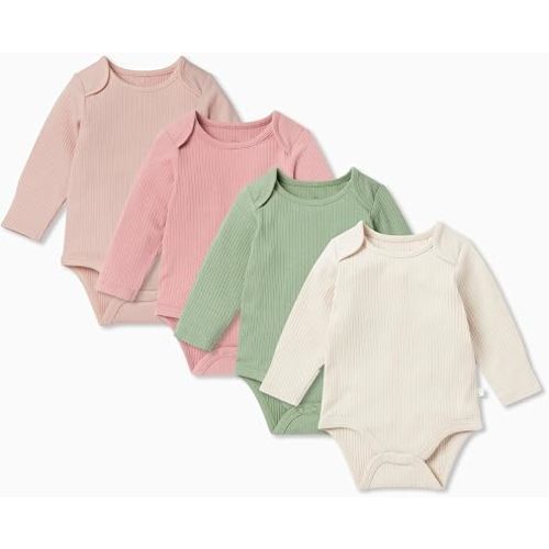 MORI Baby Unisex Long Sleeve Ribbed Bodysuit with Envelope Neck 4 Pack - Pink Mix - Toddler Romper for Boys and Girls - 0-3 Months