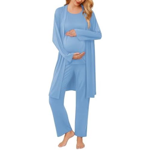 Ekouaer Maternity Nursing Robe Set 3 Pieces Sleeveless Top, Pregnancy Pants & Robe Double Layer Pajamas S-XXL