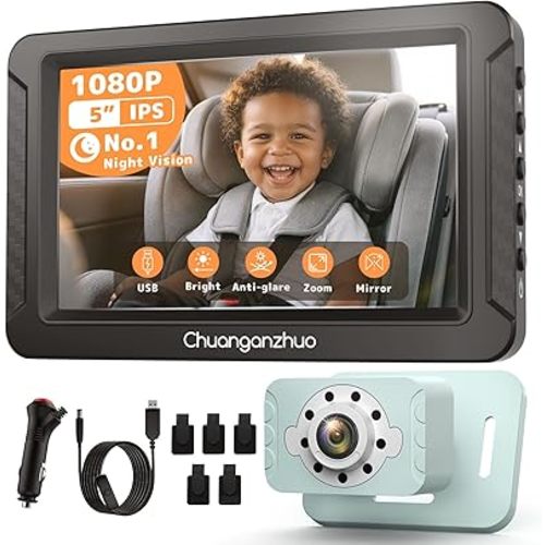 S100C Baby Camera for Car USB Powered, Crystal Clear Auto IR Night Vision in Total Dark, Adjust Brightness & 1080P 5" IPS Monitor, 3X Zoom & 360° Rotating Backseat/Carseat Camera for Baby in Car