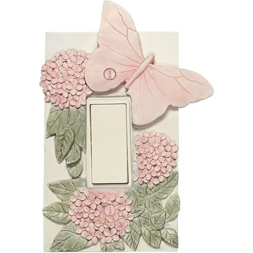 Butterfly In Bloom Lighting Switchplate | Pastel Pink | 1-Gang Single Rocker/Dimmer/GFCI Outlet Plate | Handpainted Butterflies & Hydrangea Flowers on Vintage White | Color-Match Hardware Included
