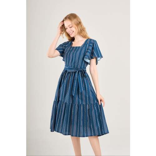 Princess Cotton Midi Dress with Nursing Zippers in Navy Vine Stripe