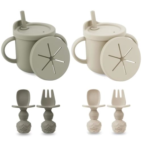 PandaEar 2 Pack Silicone Baby Straw & Snack Cup with 2 Spoons 2 Forks, Dual-Purpose Toddler Training Cups, Light Tan/Walnut