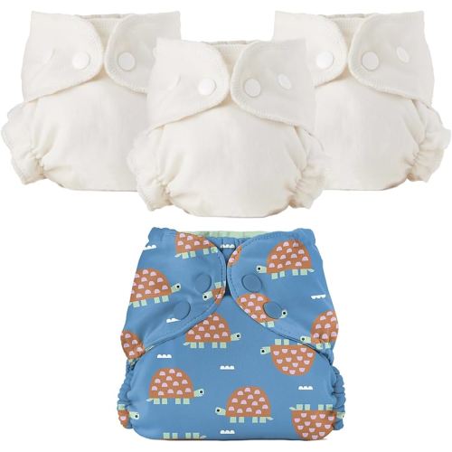 Esembly Cloth Diaper Bundle Set - 3 Organic Cotton Absorbent Inners and 1 Waterproof Outer Diaper Cover - Reusable, Washable, Snap Closure Cloth Diapers - Size 1 (7-17lbs), Turtles