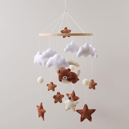 Hug Moon Bear Baby Bed Mobile Handmade Soothing Bedtime Baby Bed Mobile Baby Bed Felt Night Mood Nursery Decoration Suitable for Boys and Girls, Easy to Assemble&Durable Newborn Gift