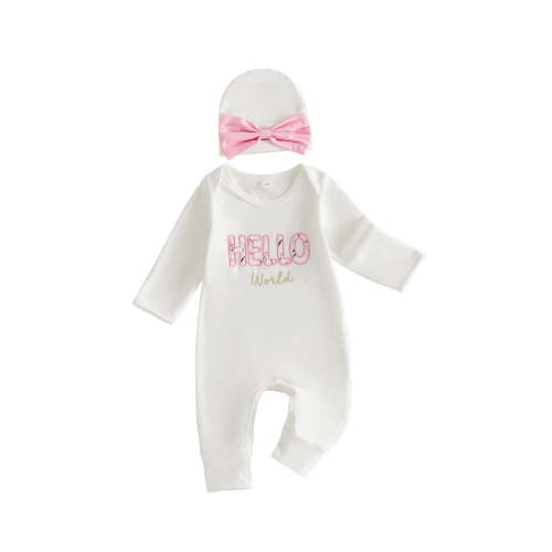 BemeyourBBs Hello World Baby Girl Clothes Newborn Baby Girl Hospital Coming Home Outfit Cute Long Sleeve Crew Neck Letters Embroidery Romper Jumpsuit Bow Decor Hat Set