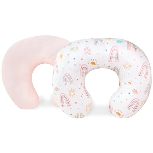 CARUILI 2 Pack Nursing Pillow Covers, Stretchy Removable Breastfeeding Pillow Covers for Baby Girl Newborn, Super Soft Fabric, Only Covers (Pink & Rainbow)