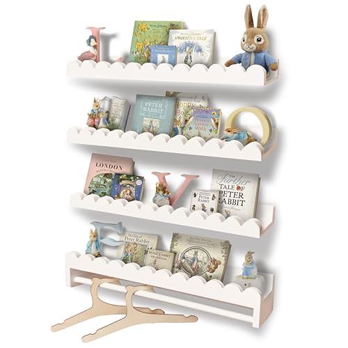 Tots & Pals Upgraded Thick Nursery Book Shelves Wall Mounted 4-Pack Floating Shelves with Upgraded Hanging Rod for Baby Room Organization, Parent-Installed Display for Books, Toys & Clothes (White)