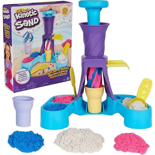 Kinetic Sand, Soft Serve Station with 14oz Play Sand (Blue, Pink & White), 2 Ice Cream Cones & 2 Tools, Sensory Toys for Kids Ages 5 and up