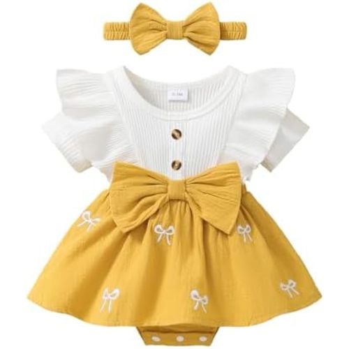 Baby Girl Summer Clothes Newborn Romper Dress Ruffle Short Sleeve Onesie Jumpsuit Outfits with Bow Headband