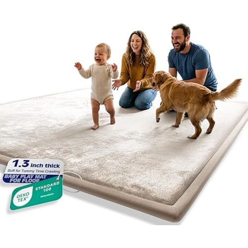 AEOCOO 60x80 Thick Baby Play Mat for Floor, 1.3" Memory Foam Infant Tummy Time Mat, Extra Large Soft Nursery Rug for Babies & Toddler, Anti-Slip Cushioned Crawling Rug for Living Room, Beige