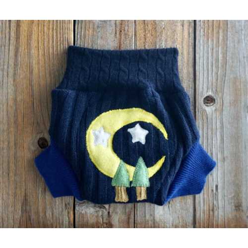 Upcycled Cashmere Diaper Cover: Navy Blue With Moon Applique SMALL (3-6 Months)