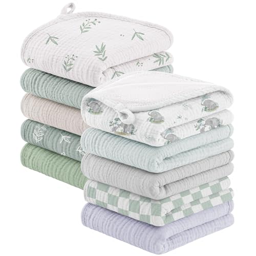 Bearmoss 10 Pack Muslin Burp Cloths, 20"×10" Absorbent Baby Burping Cloths | Soft Spit Up Rags for Unisex Boys and Girls, Newborn Essentials Large Extra Washcloths