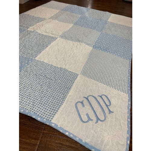 Monogram Baby Quilt:  Personalized Cotton Nursery Blanket Blue Patchwork with name