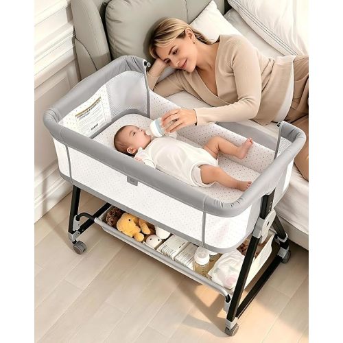 Baby Bassinets Bedside Sleeper with Wheels and Mattress, Cosleeping Baby Bed with Storage, Co-Sleeper Bassinet Attach to Bed, Bed Side Crib with Breathable Mesh, Height Adjustable(Gray)